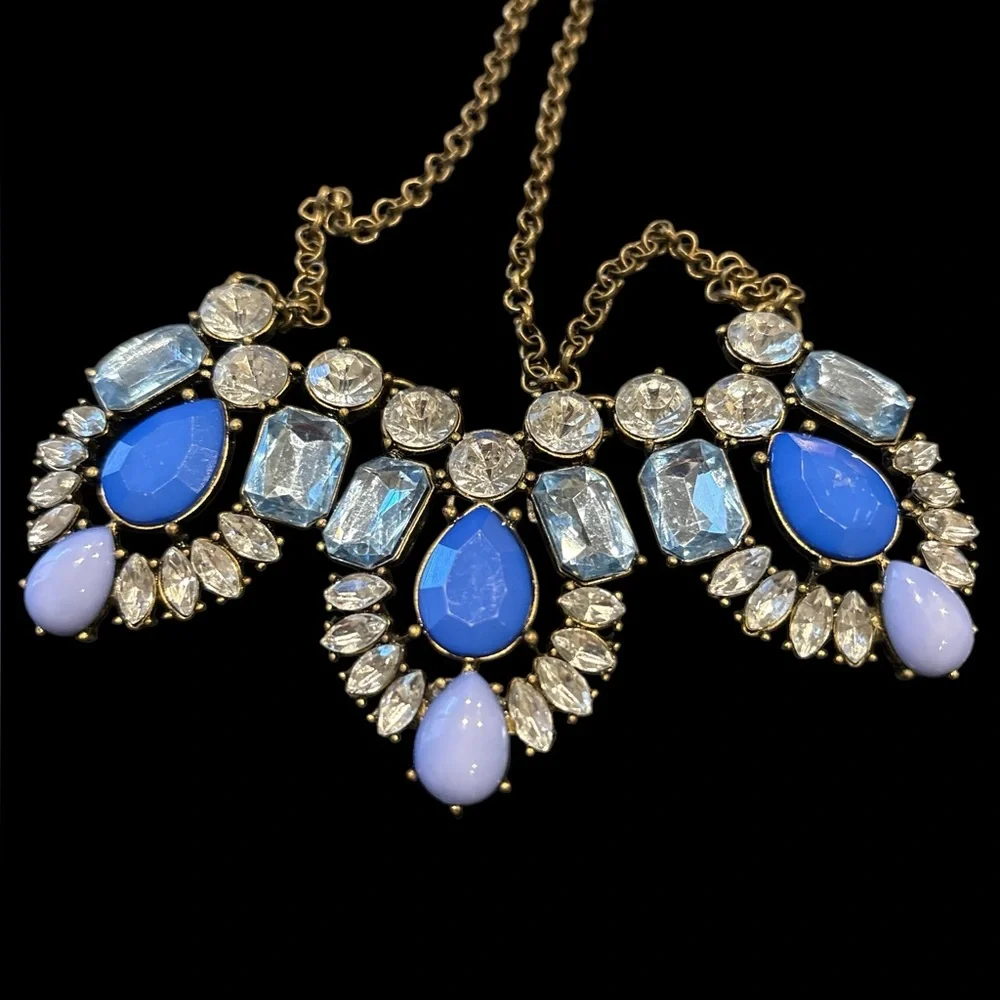 J Crew Clear Blue Rhinestone Antique Gold Statement Necklace Stamped JB5